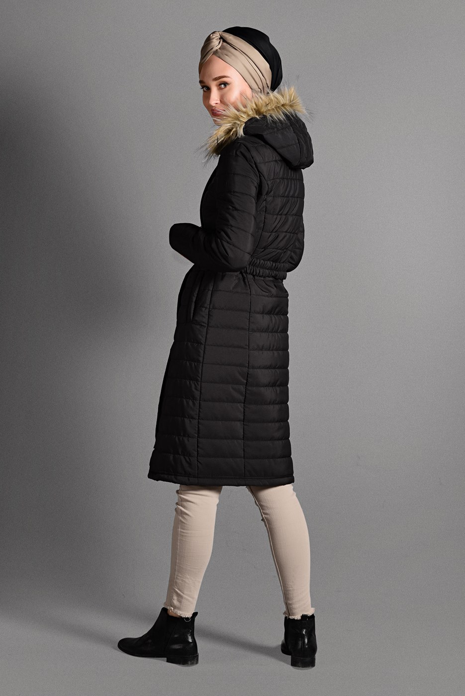 Hijab clothing BLACK BELTED PUFFER COAT 4502 