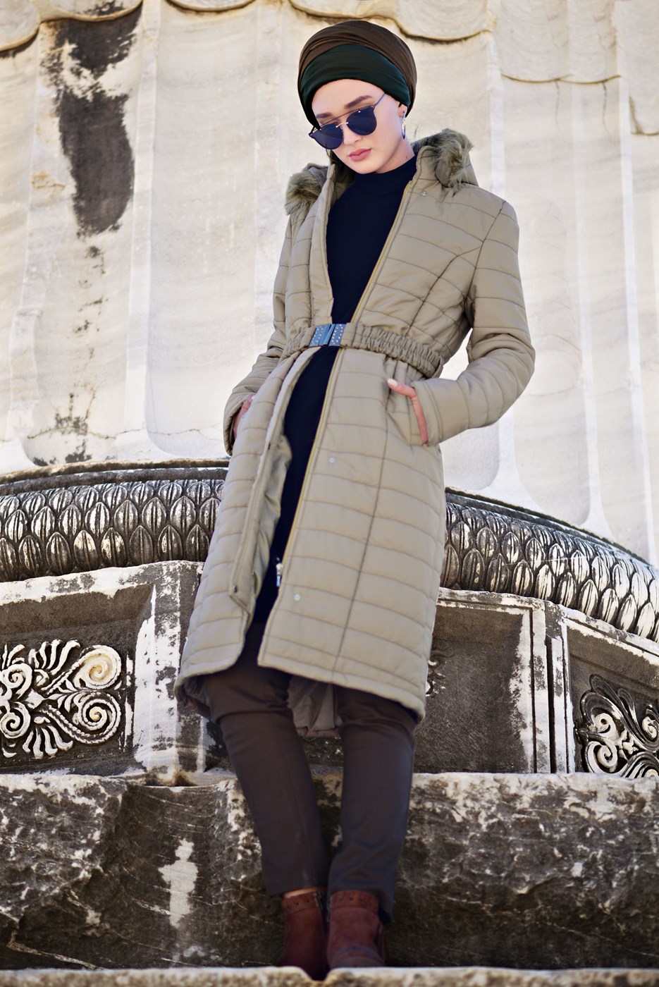 Hijab clothing BROWN BELTED PUFFER COAT 4502 