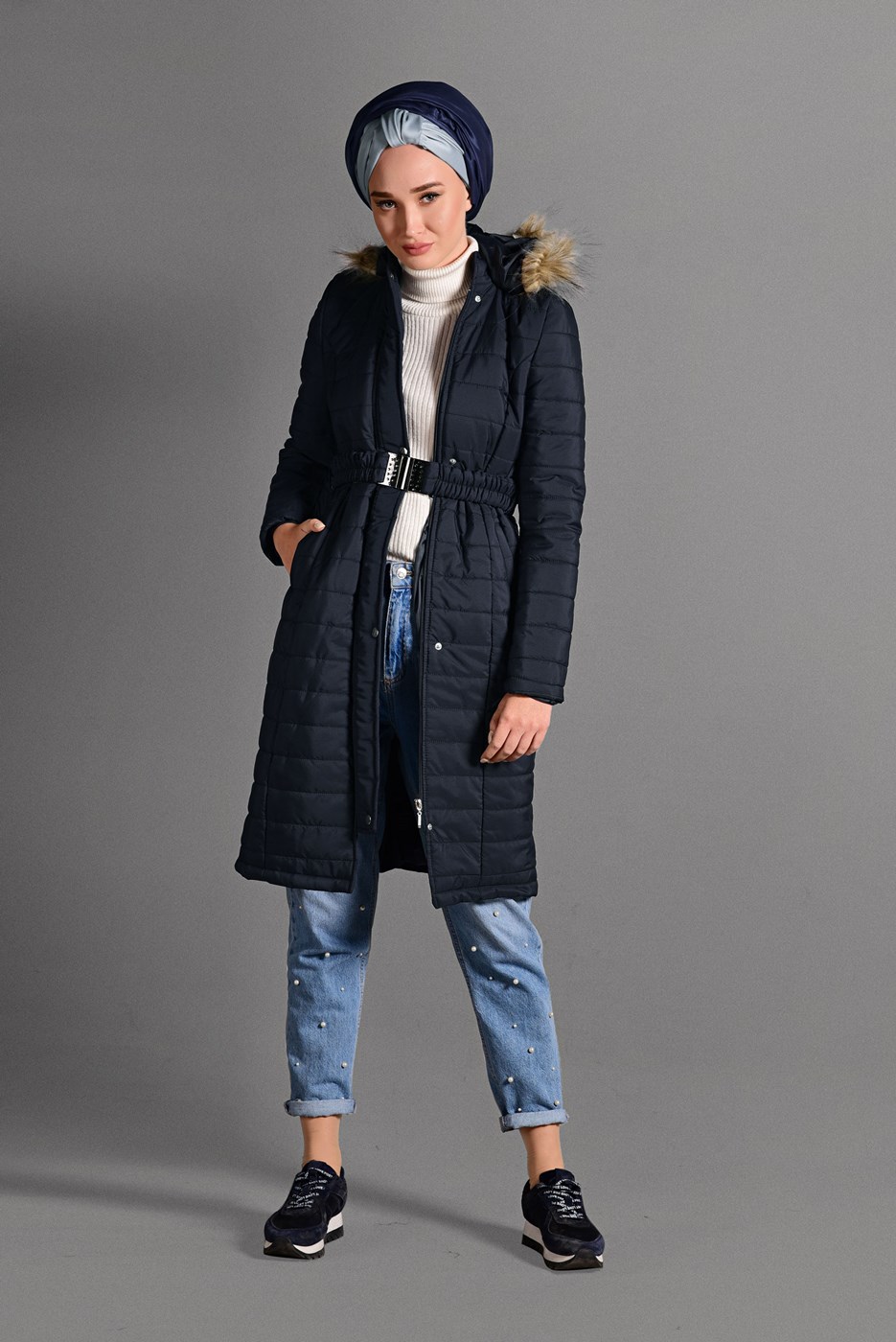 Hijab clothing NAVY BLUE BELTED PUFFER COAT 4502 