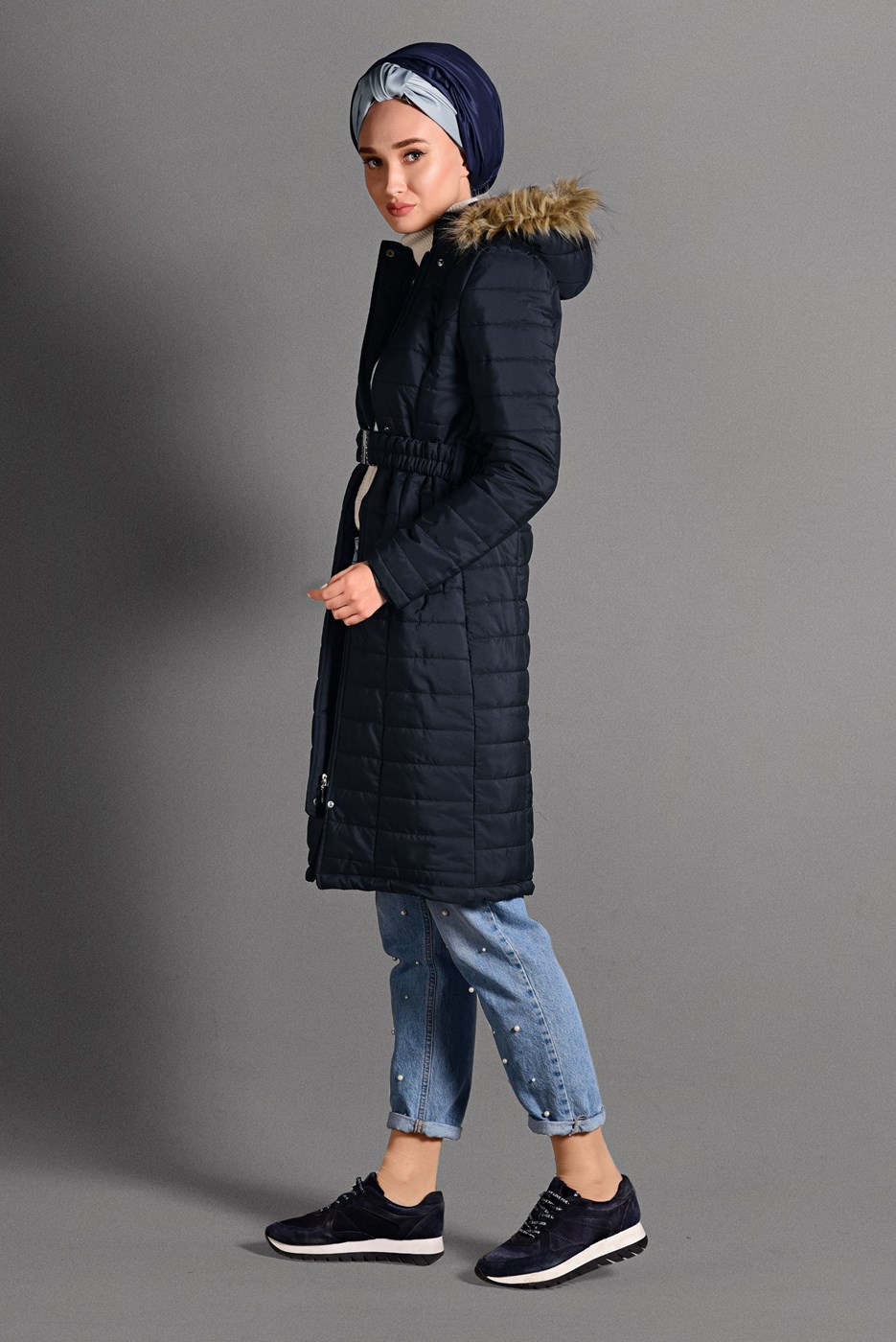 Hijab clothing NAVY BLUE BELTED PUFFER COAT 4502 