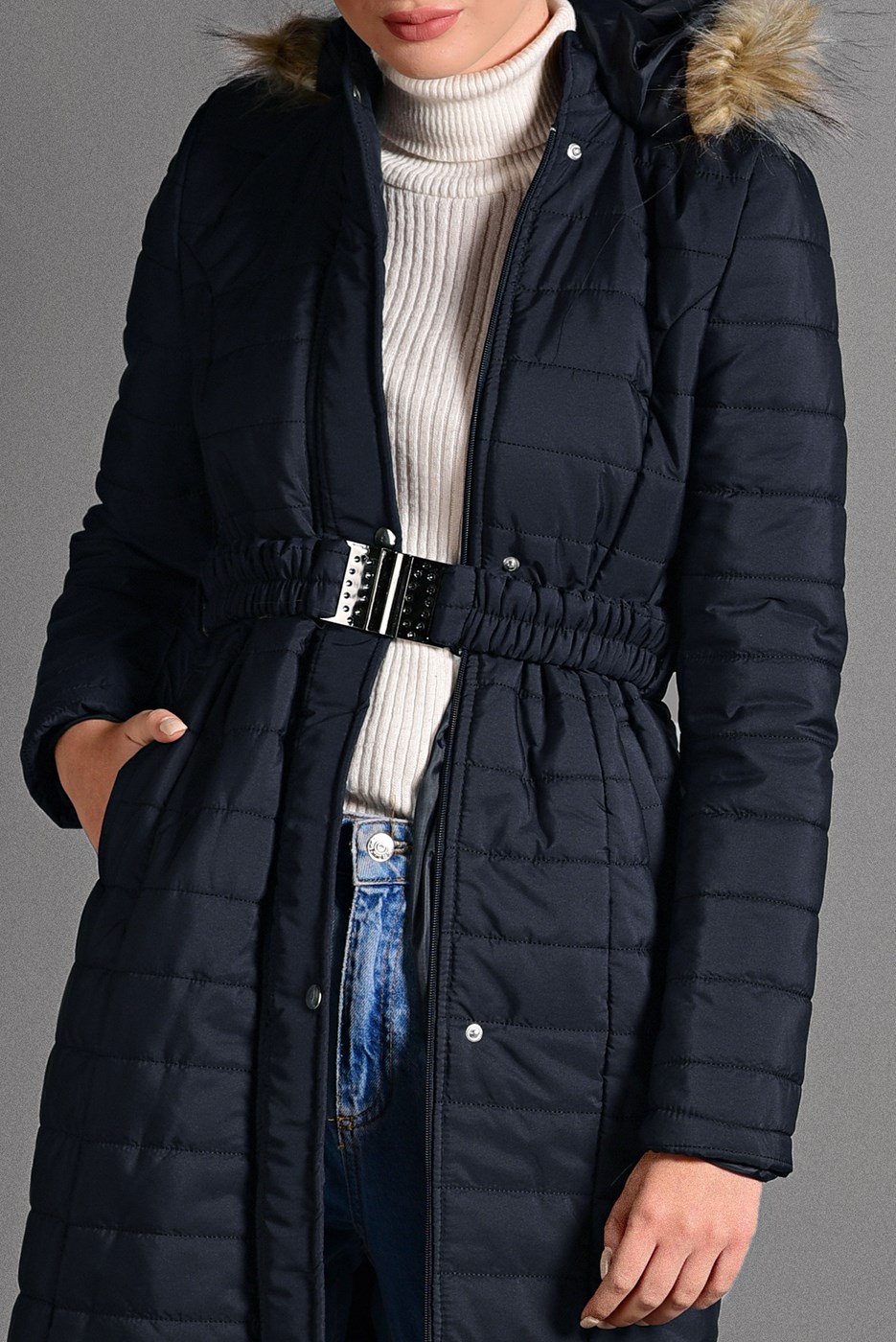Hijab clothing NAVY BLUE BELTED PUFFER COAT 4502 