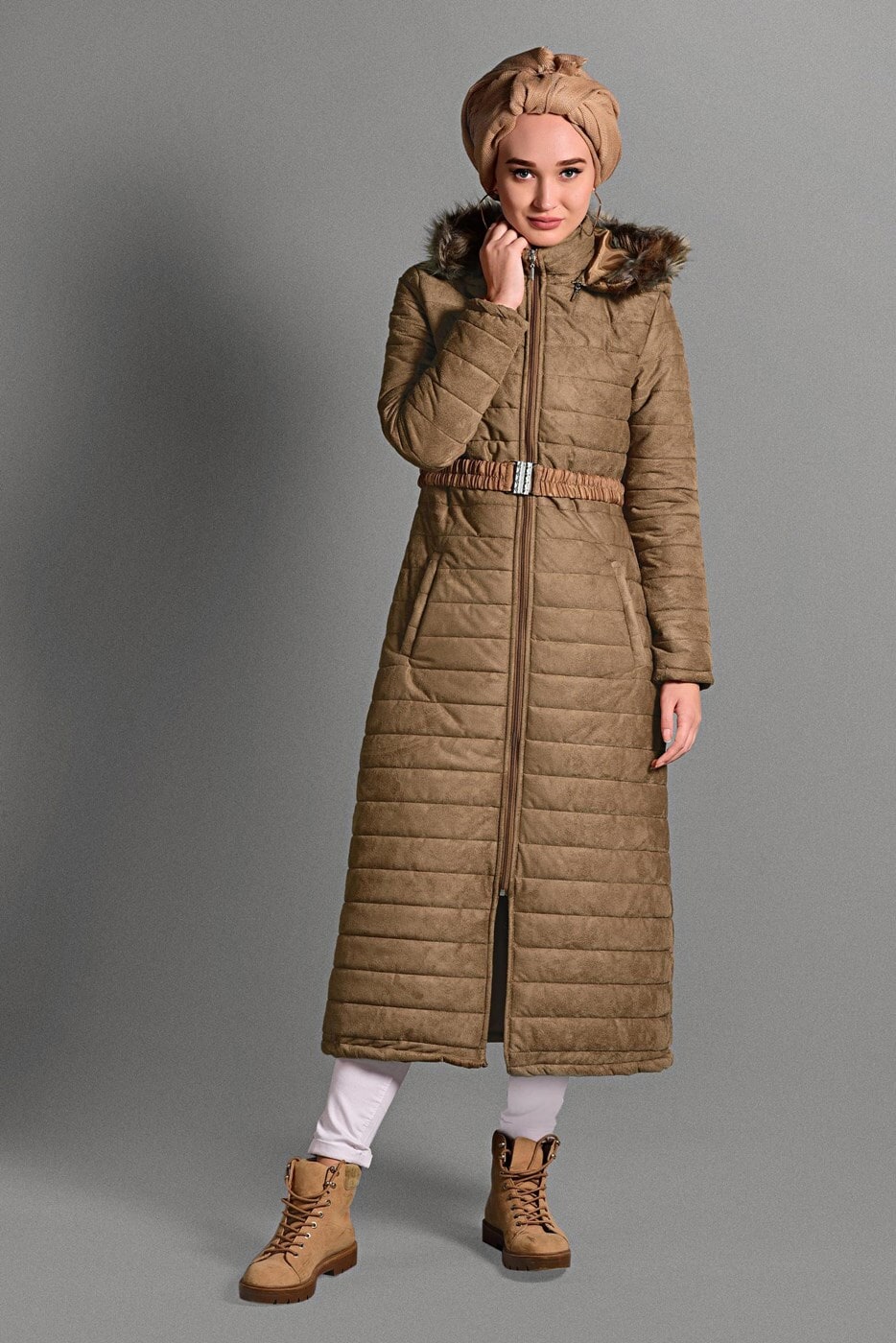 Vêtements hijab BRUN MANTEAU EN NUBUCK AVEC CAPUCHE 5691 