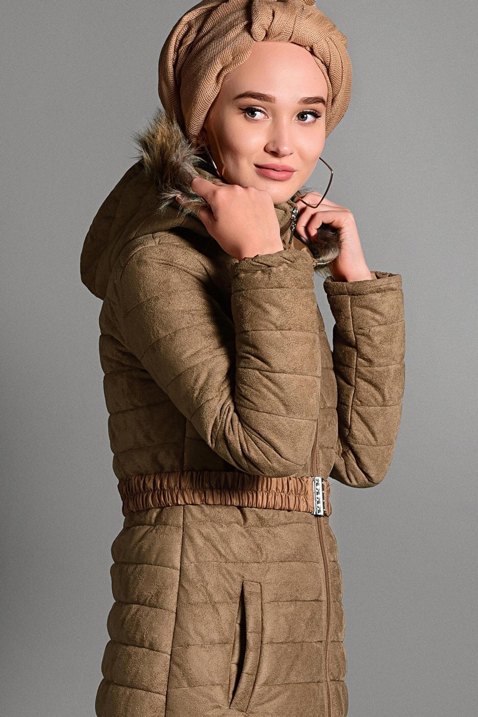 Vêtements hijab BRUN MANTEAU EN NUBUCK AVEC CAPUCHE 5691 