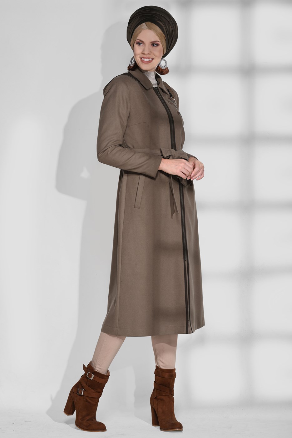 Tesettür giyim KAHVE ERKEK YAKA FERMUARLI KABAN 9635 