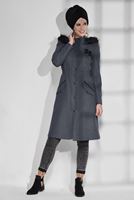 Tesettür giyim GRİ KÜRKLÜ CEP DETAYLI KABAN 9636