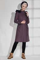 Tesettür giyim BORDO KÜRKLÜ CEP DETAYLI KABAN 9636