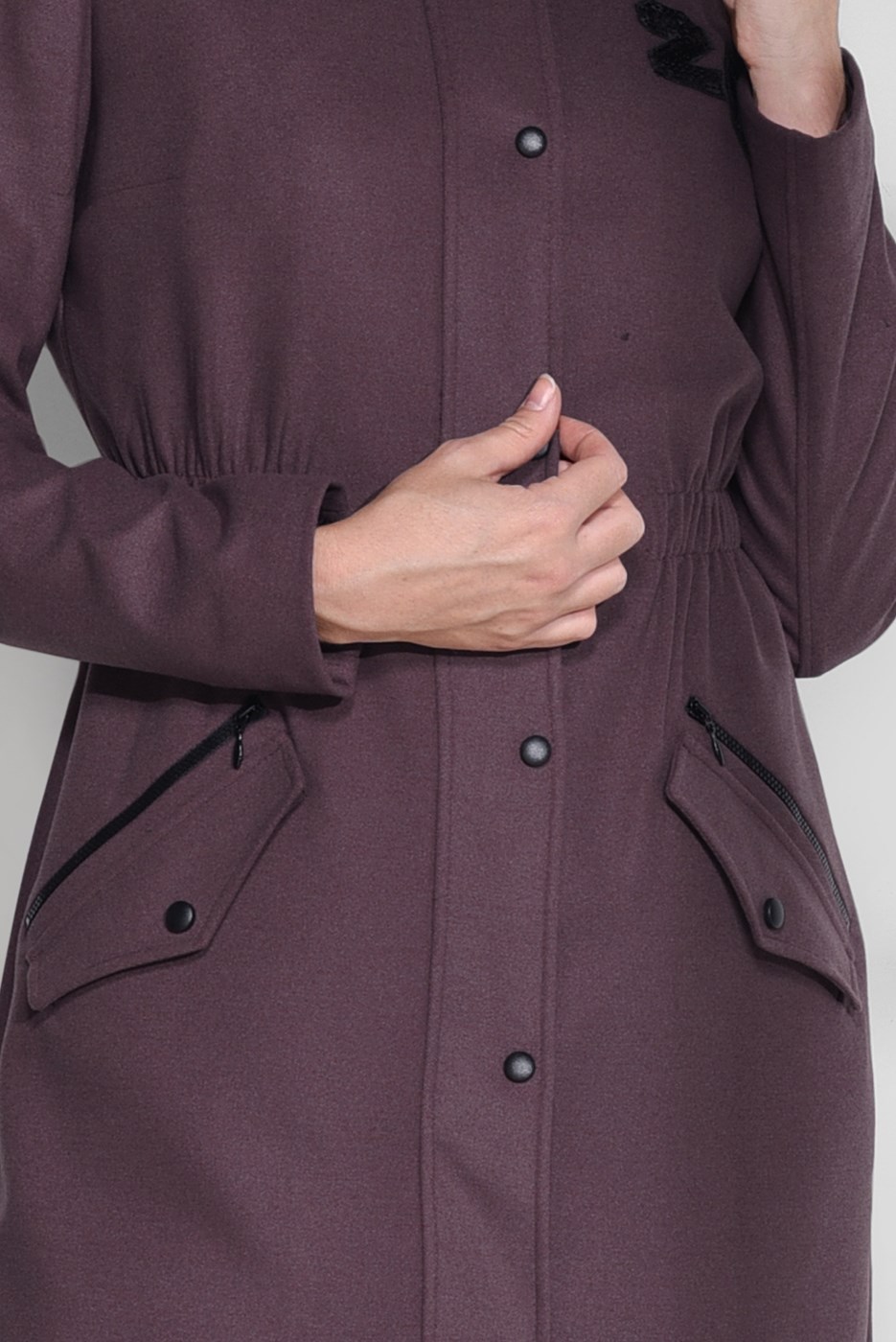 Tesettür giyim BORDO KÜRKLÜ CEP DETAYLI KABAN 9636