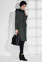 Tesettür giyim HAKİ KÜRKLÜ CEP DETAYLI KABAN 9636