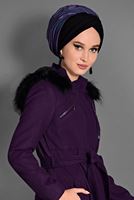 Tesettür giyim MOR ARMA DETAYLI KAPÜŞONLU KABAN 9643 