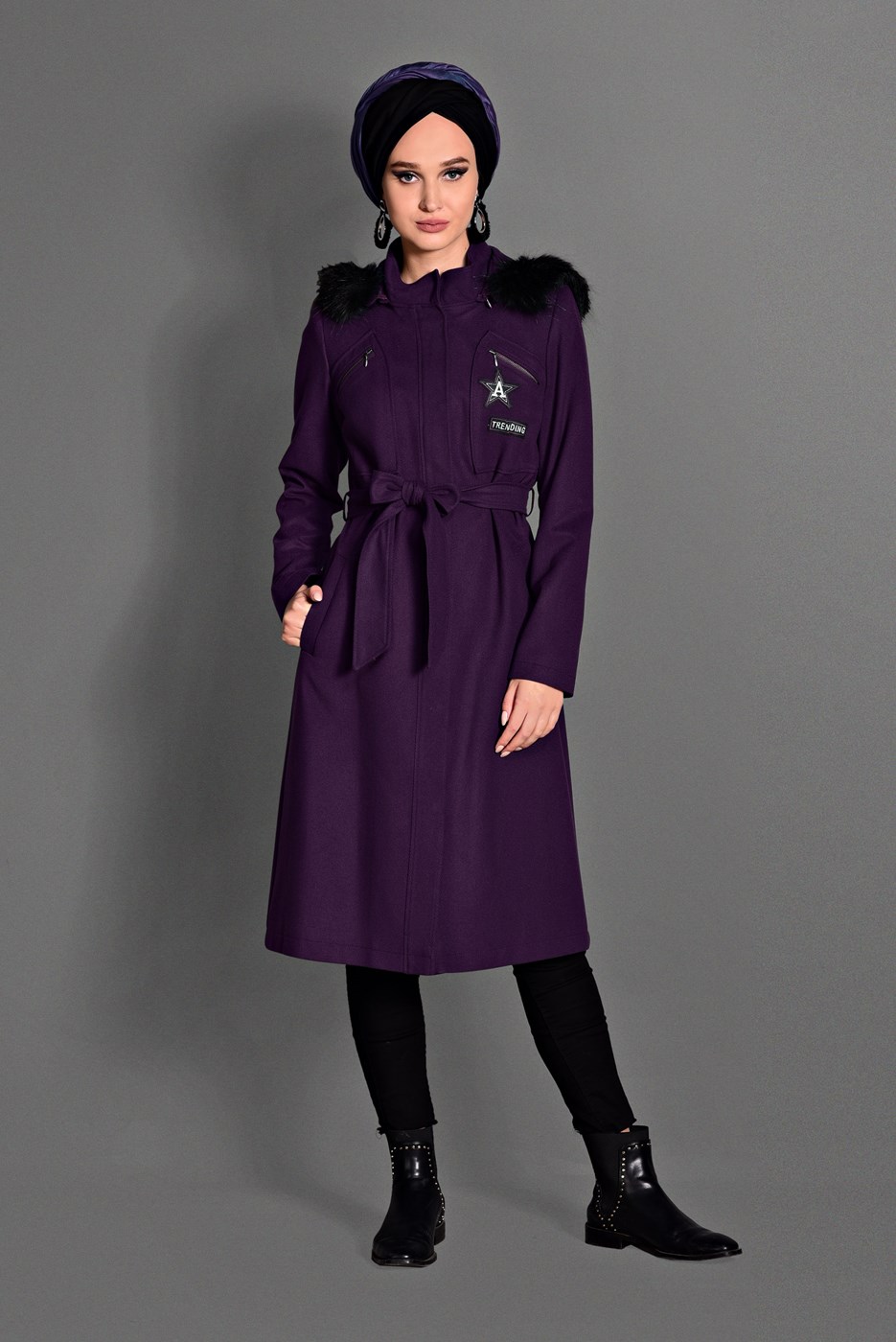 Tesettür giyim MOR ARMA DETAYLI KAPÜŞONLU KABAN 9643 