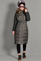 Tesettür giyim HAKİ KAPÜŞONLU ŞİŞME KEMERLİ KABAN 9658 