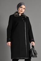 Tesettür giyim SİYAH KÜRK YAKA DÜĞMELİ KAŞE KABAN 9670