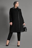 Tesettür giyim SİYAH KÜRK YAKA DÜĞMELİ KAŞE KABAN 9670