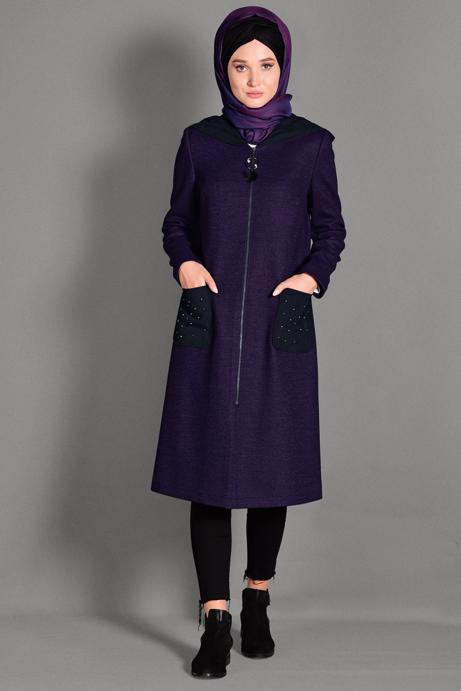 Tesettür giyim MOR FERMUARLI CEP DETAYLI KABAN 9683 
