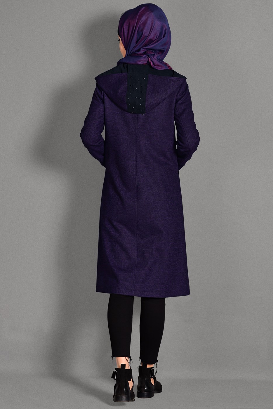 Tesettür giyim MOR FERMUARLI CEP DETAYLI KABAN 9683 