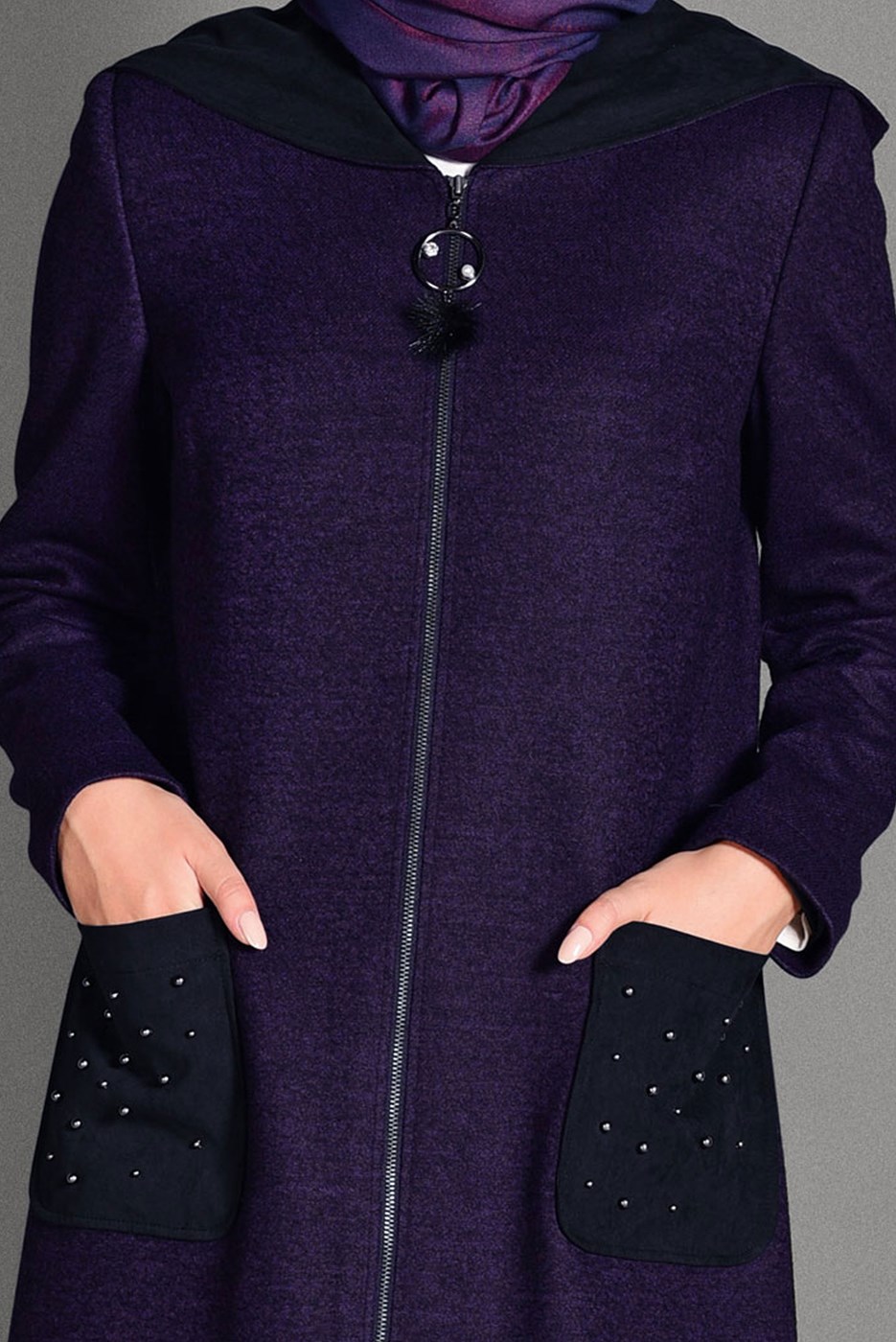 Tesettür giyim MOR FERMUARLI CEP DETAYLI KABAN 9683 