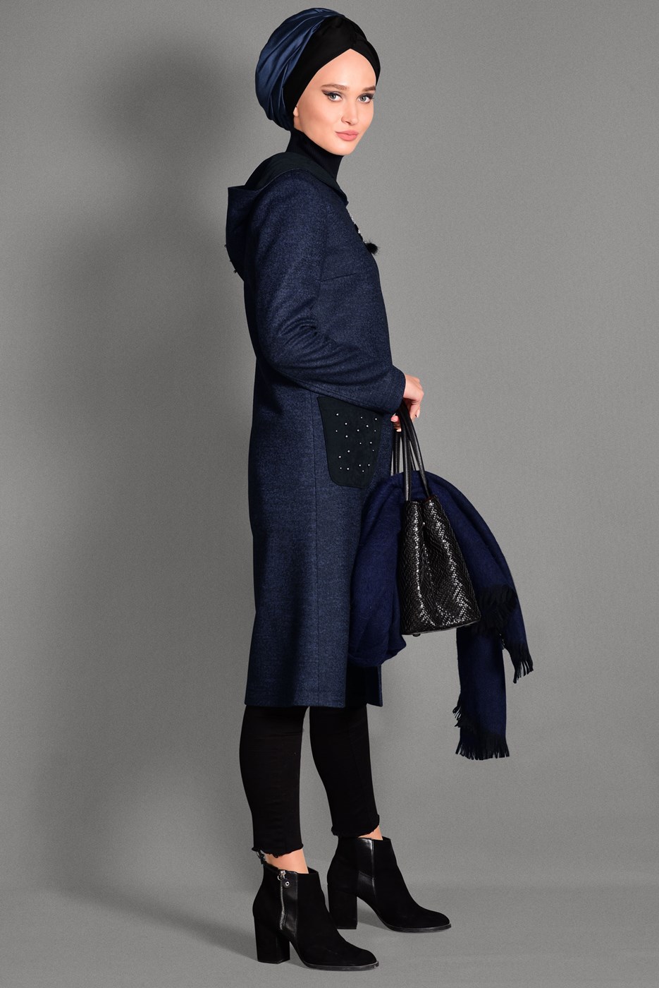 Tesettür giyim LACİVERT FERMUARLI CEP DETAYLI KABAN 9683 