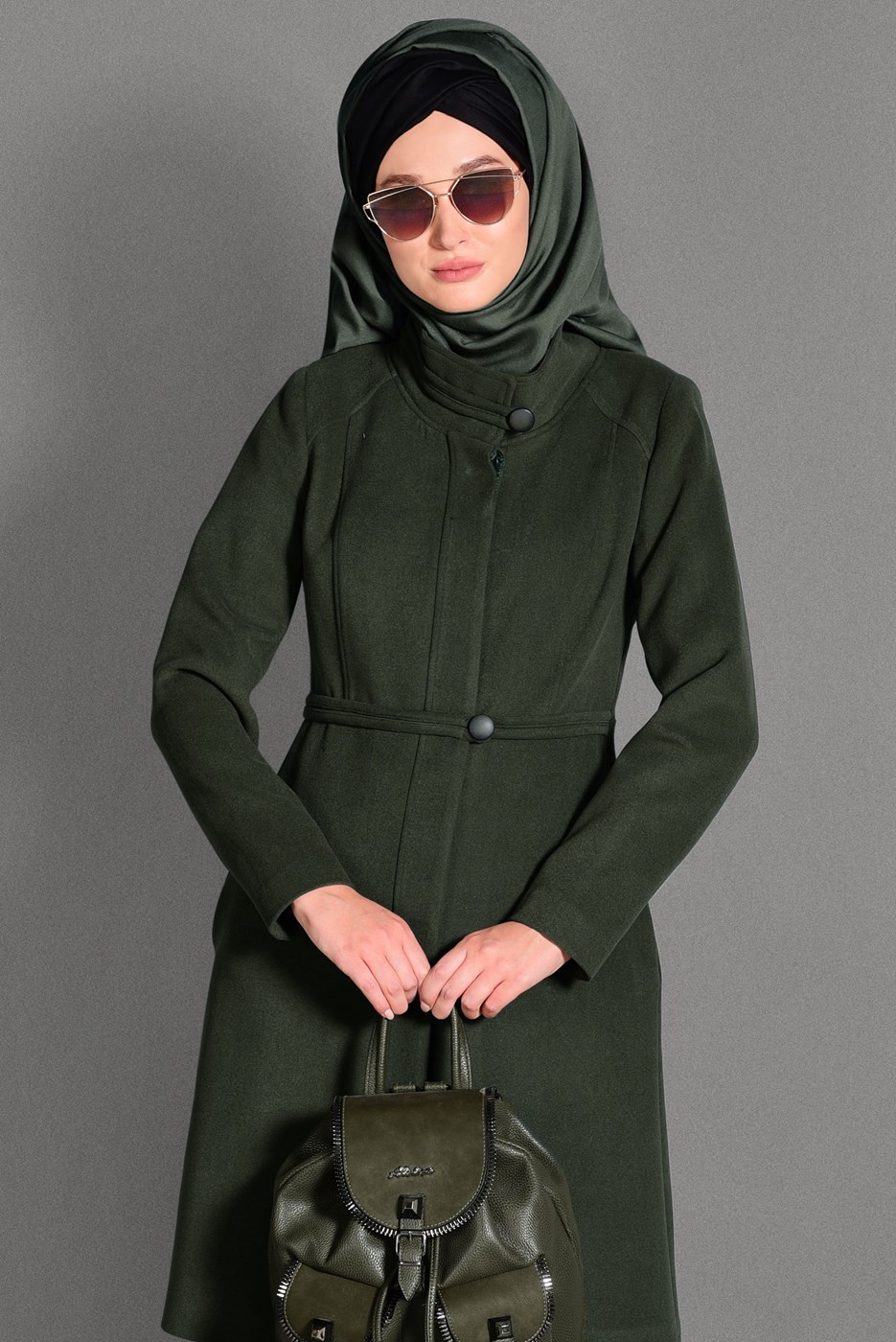 Tesettür giyim HAKİ HAKİM YAKA KAŞE KABAN 9687