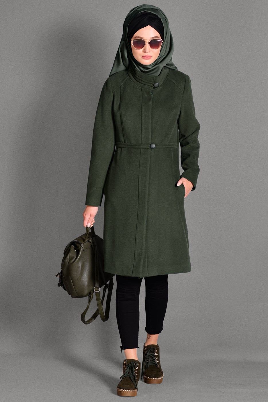 Tesettür giyim HAKİ HAKİM YAKA KAŞE KABAN 9687