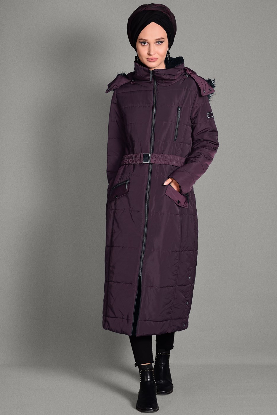 Tesettür giyim BORDO KAPÜŞONLU CEP DETAYLI KABAN 9709 