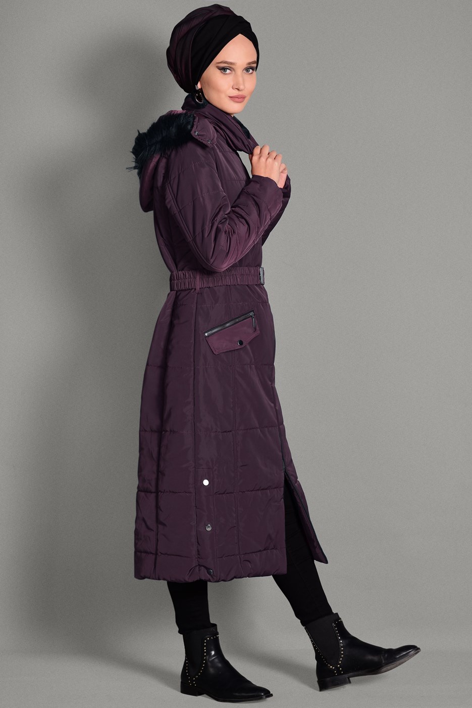 Tesettür giyim BORDO KAPÜŞONLU CEP DETAYLI KABAN 9709 