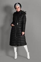 Tesettür giyim SİYAH KAPÜŞONLU KEMERLİ KABAN 9711 