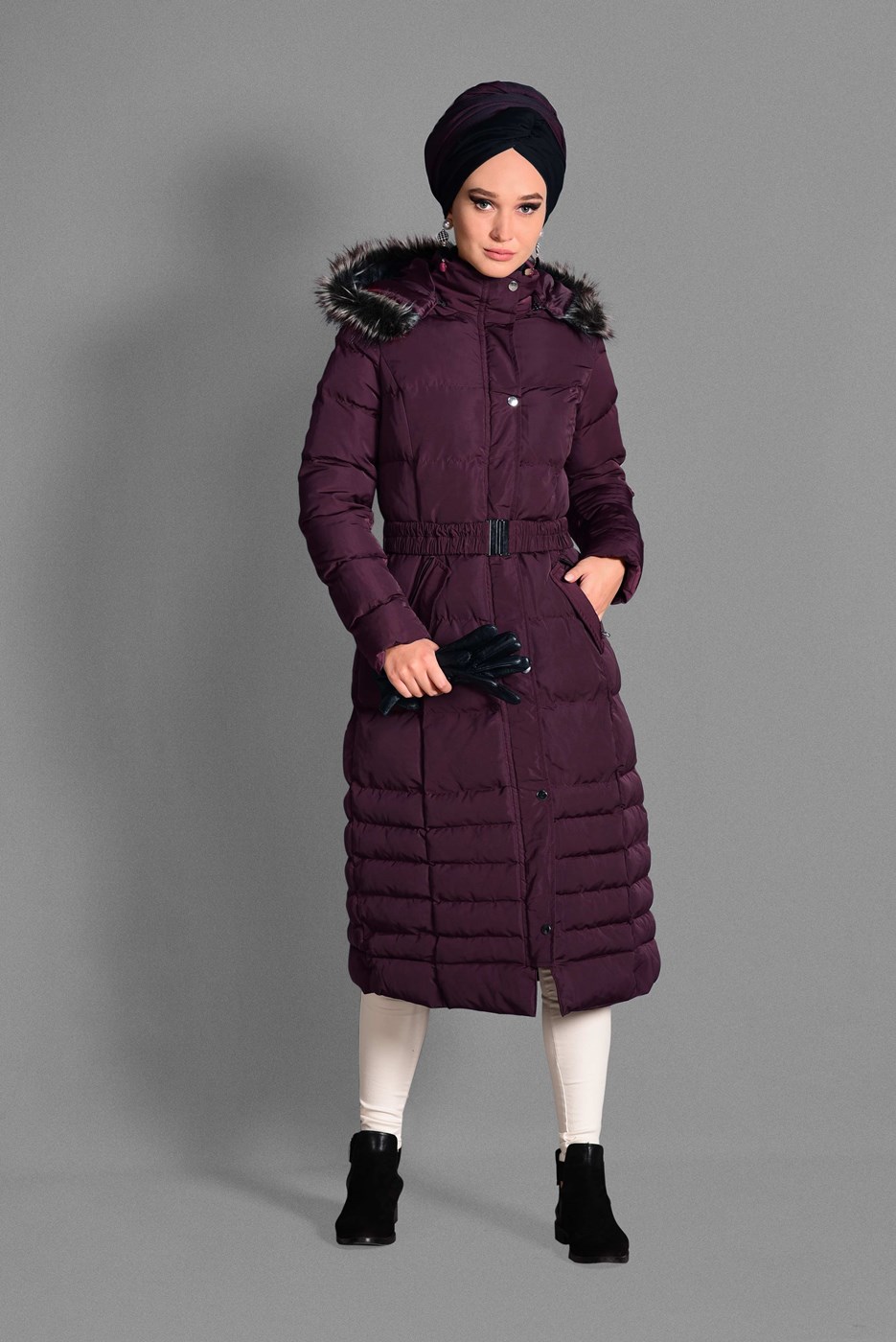 Tesettür giyim BORDO KAPÜŞONLU KABAN 9712 