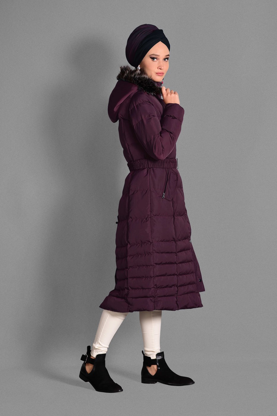 Tesettür giyim BORDO KAPÜŞONLU KABAN 9712 