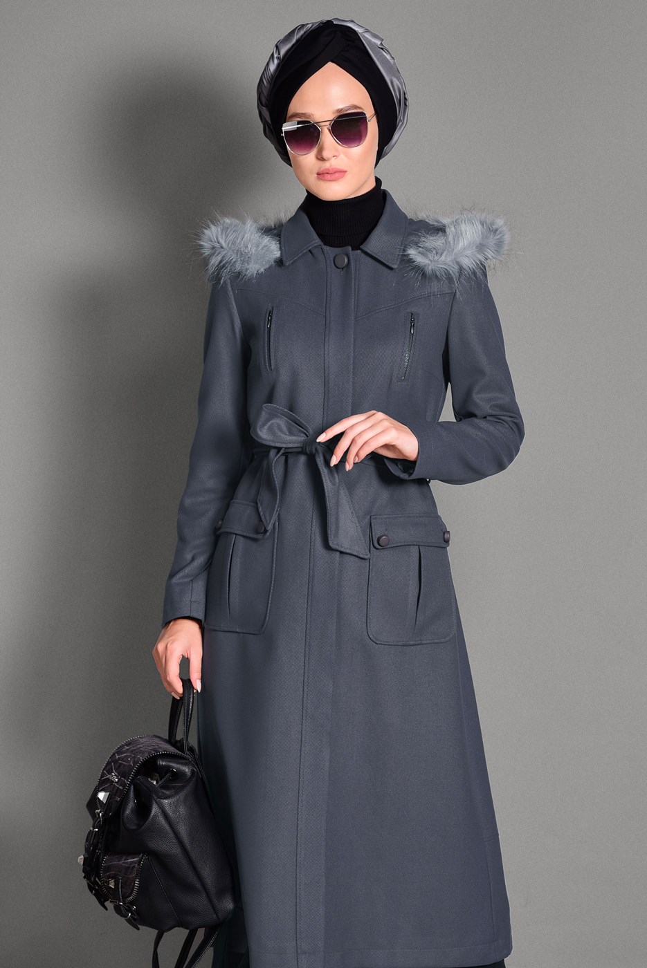 Tesettür giyim GRİ ERKEK YAKA KAPÜŞONLU KABAN 9728 