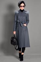 Tesettür giyim GRİ ERKEK YAKA KAPÜŞONLU KABAN 9728 