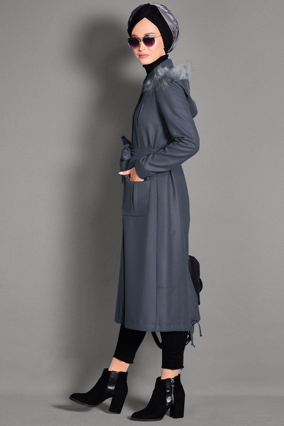 Tesettür giyim GRİ ERKEK YAKA KAPÜŞONLU KABAN 9728 