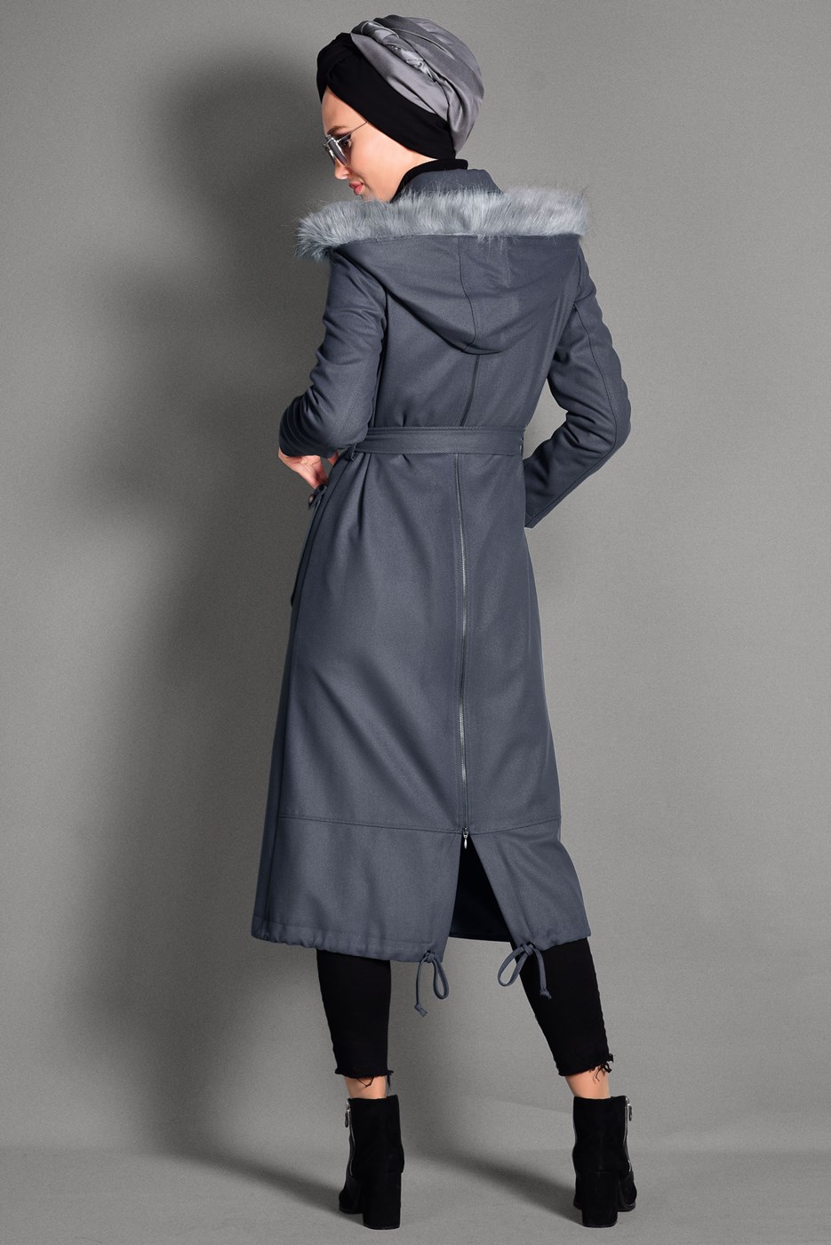 Tesettür giyim GRİ ERKEK YAKA KAPÜŞONLU KABAN 9728 