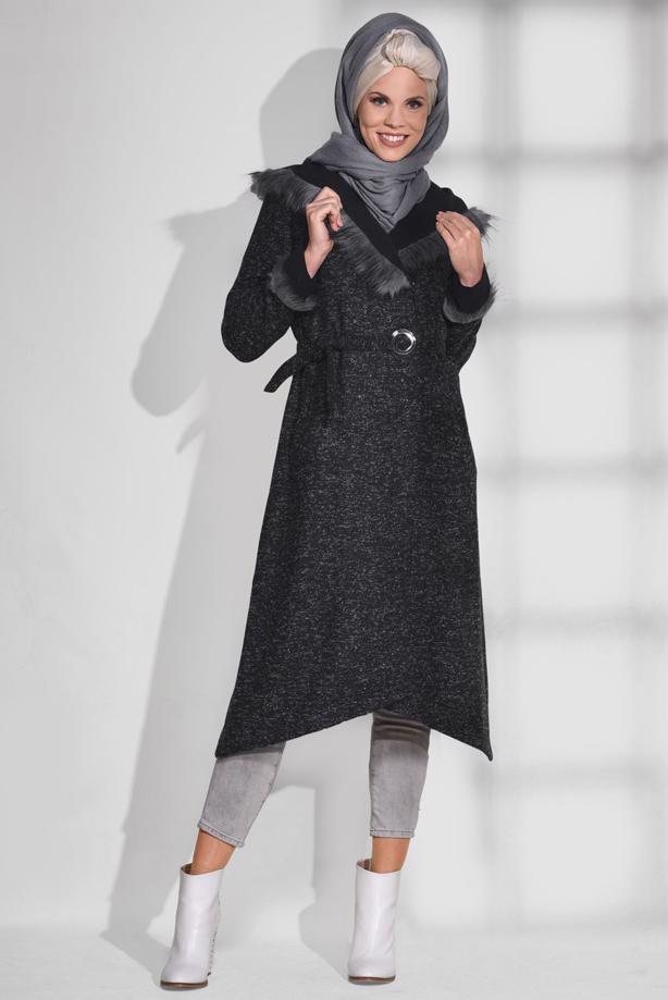 Tesettür giyim  KÜRK DETAYLI KAPÜŞONLU KABAN 9730 - TRENDTESETTÜR