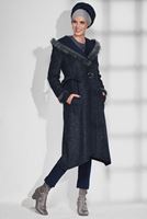 Tesettür giyim LACİVERT KÜRK DETAYLI KAPÜŞONLU KABAN 9730