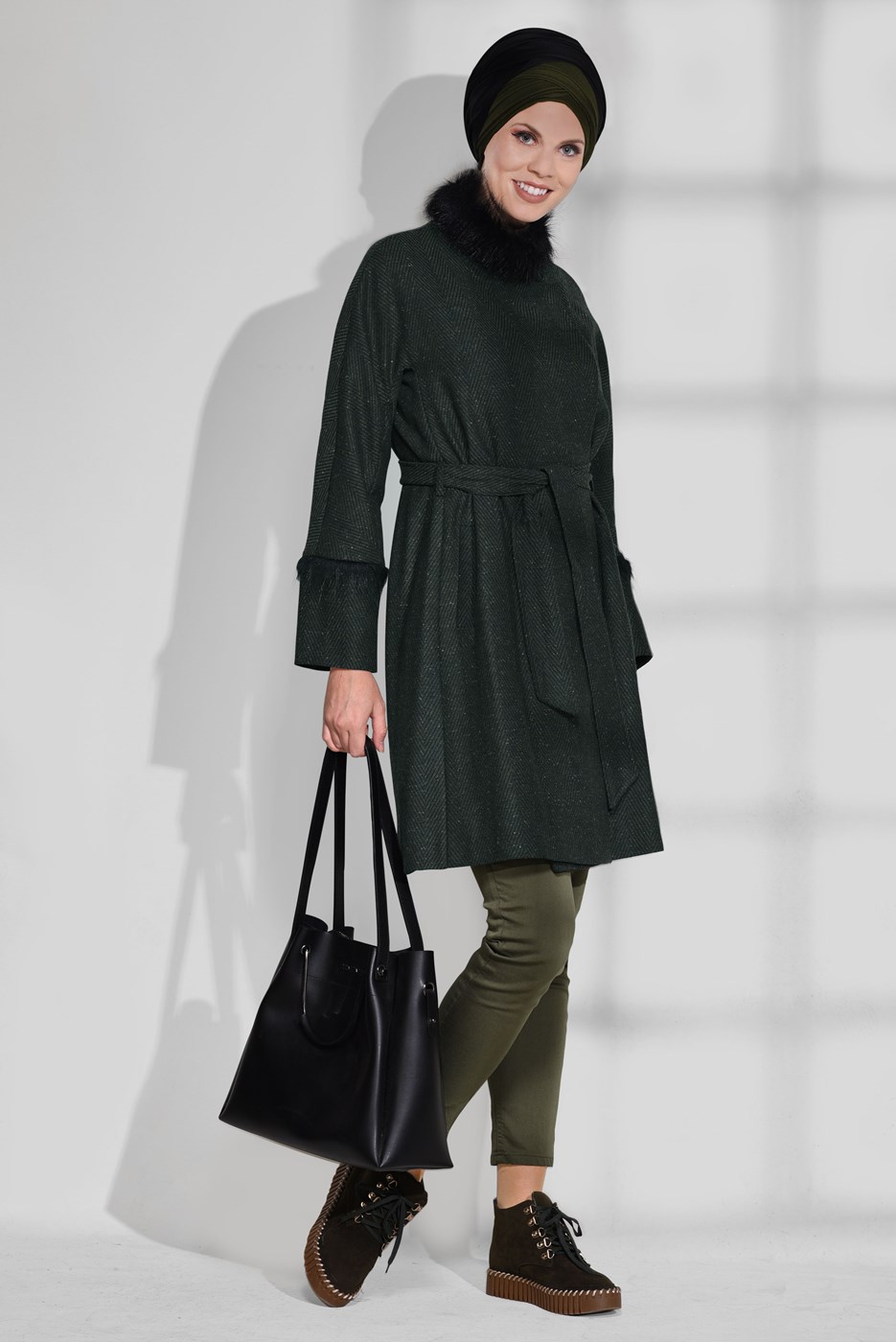 Tesettür giyim HAKİ CEPLİ BELİ KUŞAKLI KABAN 9733