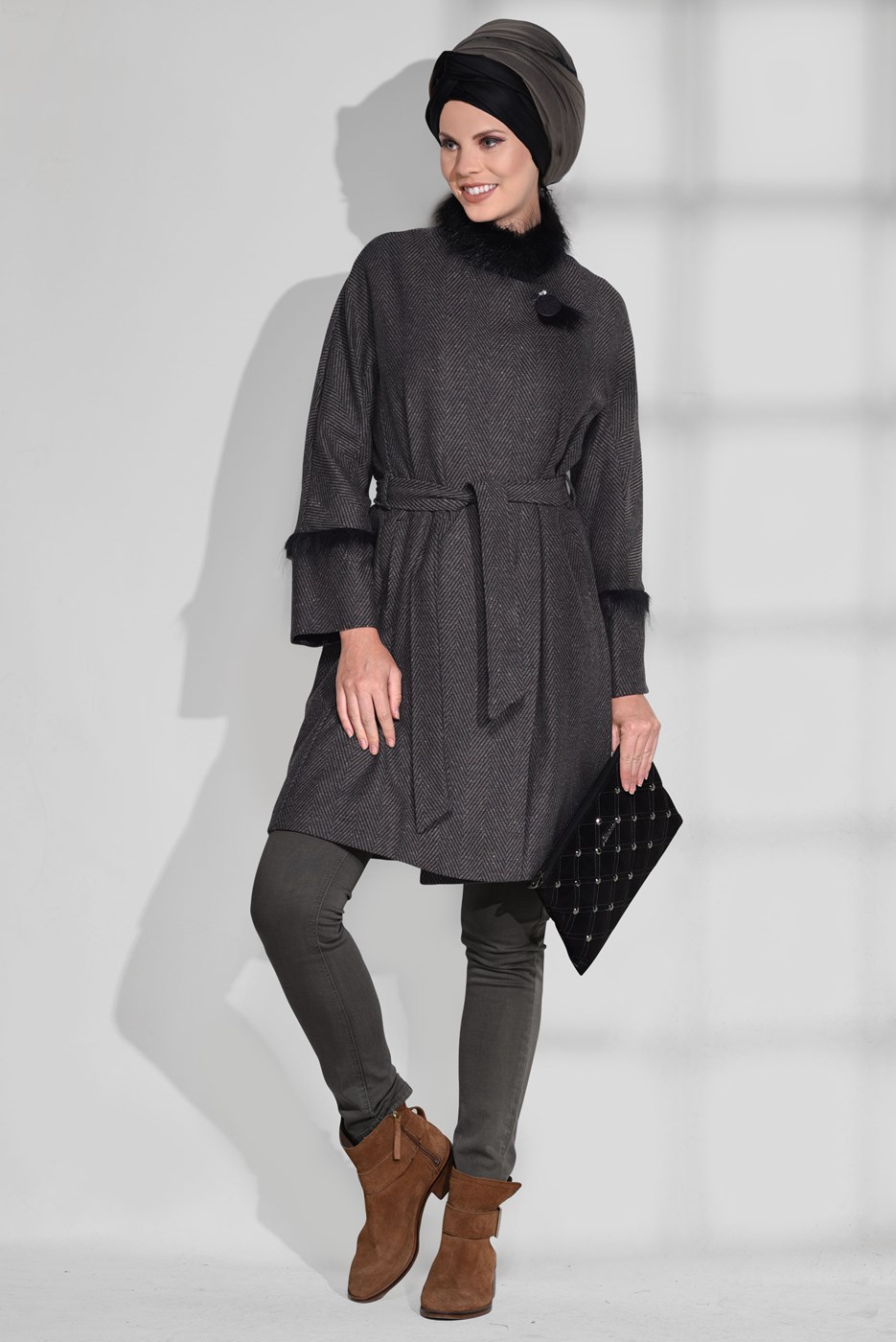 Tesettür giyim VİZON CEPLİ BELİ KUŞAKLI KABAN 9733