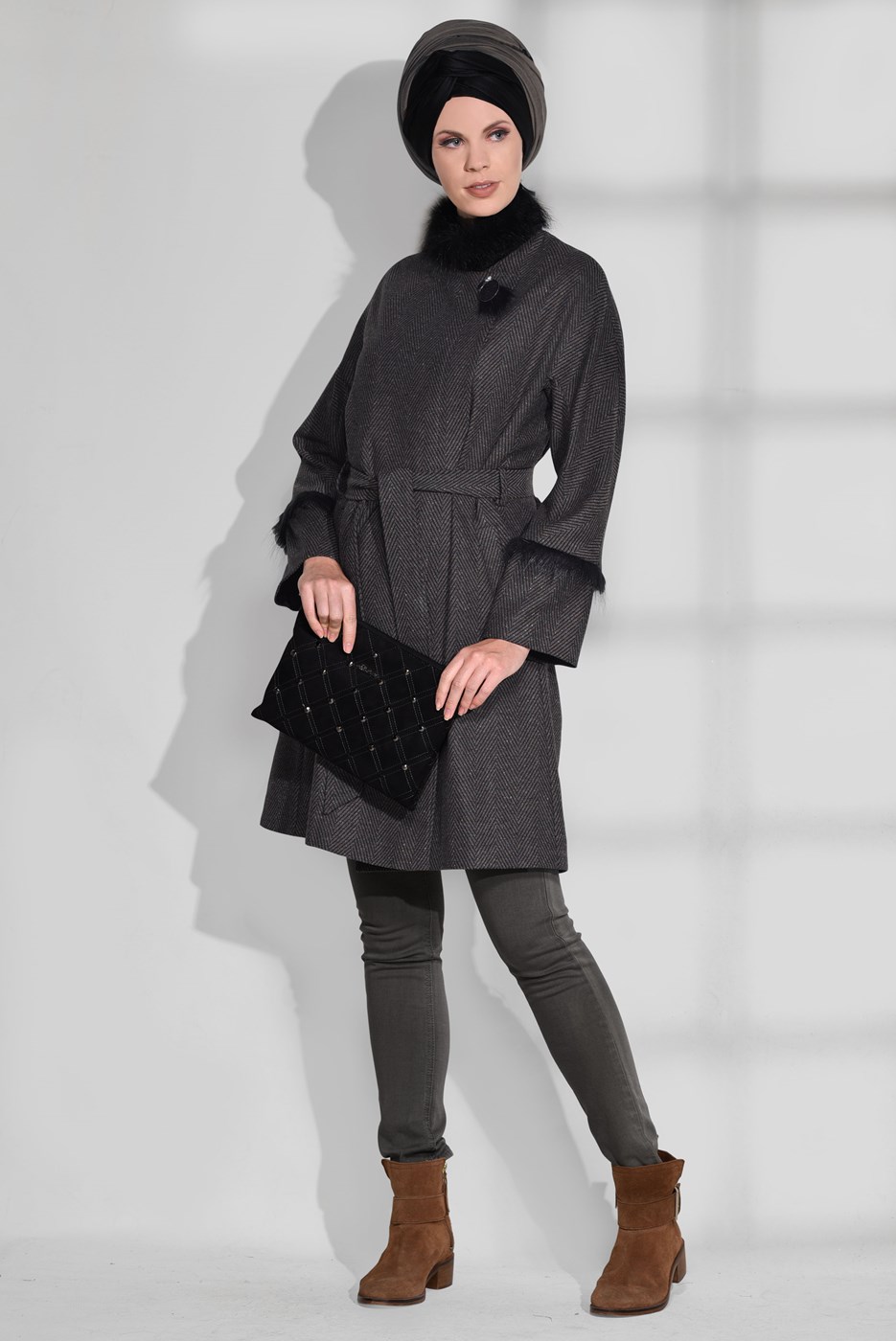 Tesettür giyim VİZON CEPLİ BELİ KUŞAKLI KABAN 9733