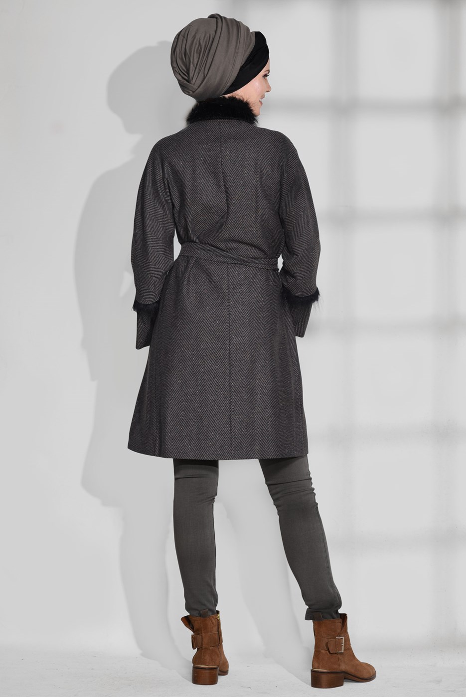 Tesettür giyim VİZON CEPLİ BELİ KUŞAKLI KABAN 9733