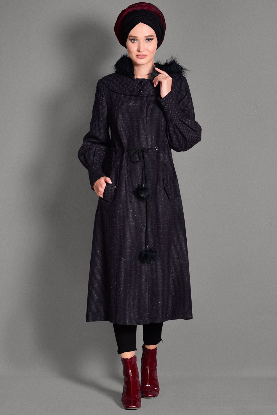 Tesettür giyim MÜRDÜM KAPÜŞONLU KABAN 9734