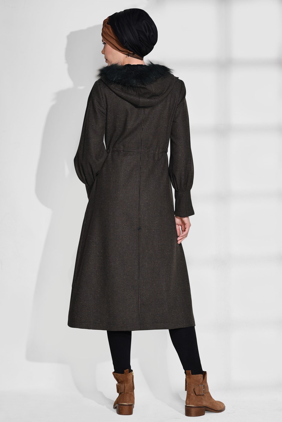 Tesettür giyim KAHVE KAPÜŞONLU KABAN 9734