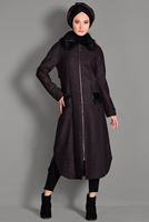 Tesettür giyim BORDO KÜRK DETAYLI FERMUARLI KABAN 9735 