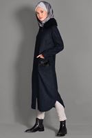 Tesettür giyim LACİVERT KÜRK DETAYLI FERMUARLI KABAN 9735 