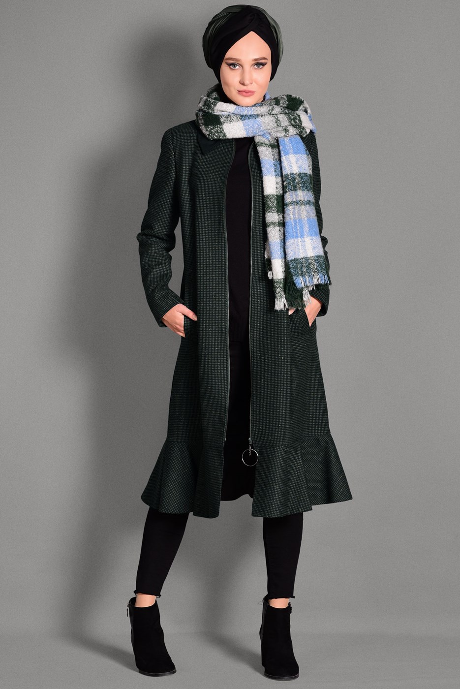 Tesettür giyim HAKİ ETEK UCU VOLANLI ERKEK YAKA KABAN 9743 