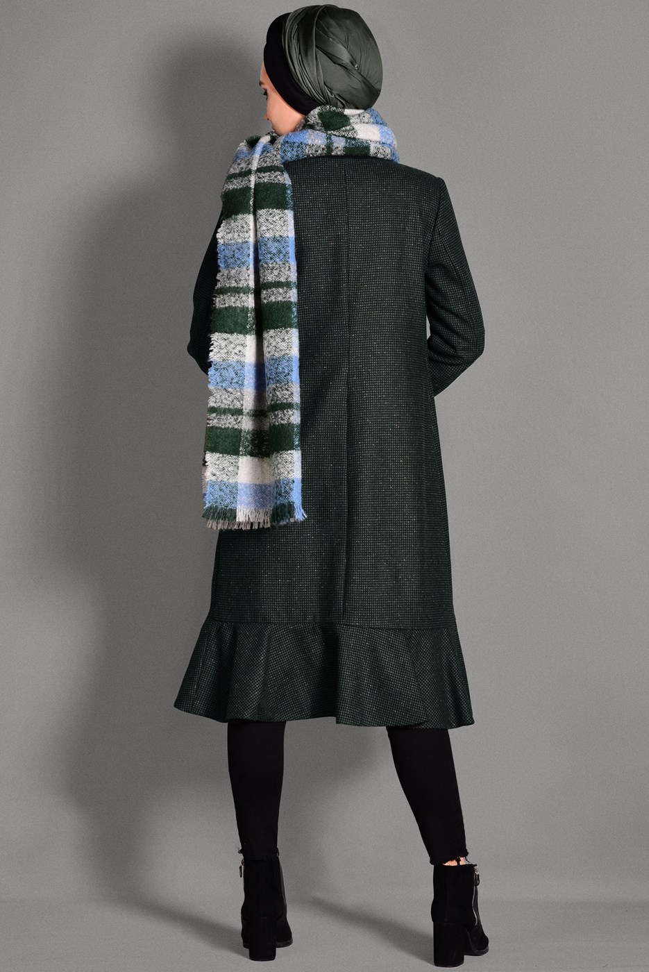 Tesettür giyim HAKİ ETEK UCU VOLANLI ERKEK YAKA KABAN 9743 