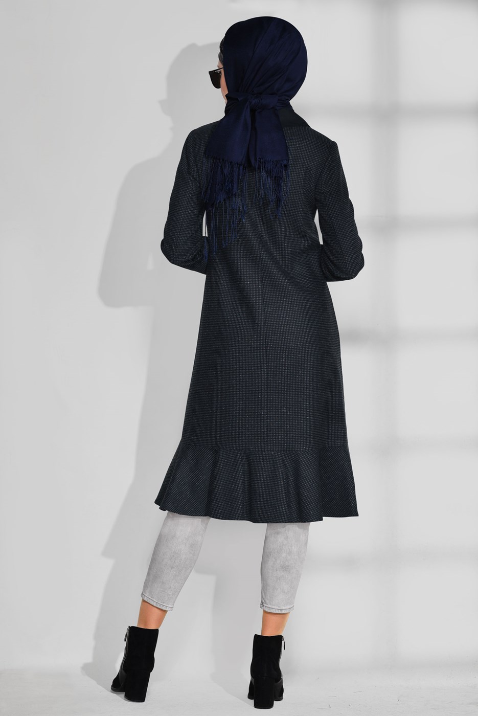 Tesettür giyim GRİ ETEK UCU VOLANLI ERKEK YAKA KABAN 9743 