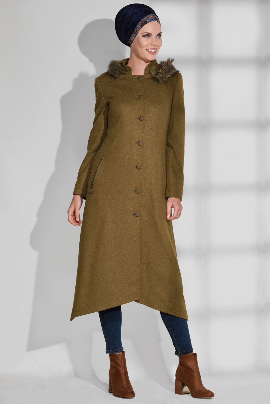 Tesettür giyim TURUNCU DÜĞMELİ HAKİM YAKA KABAN 9744 