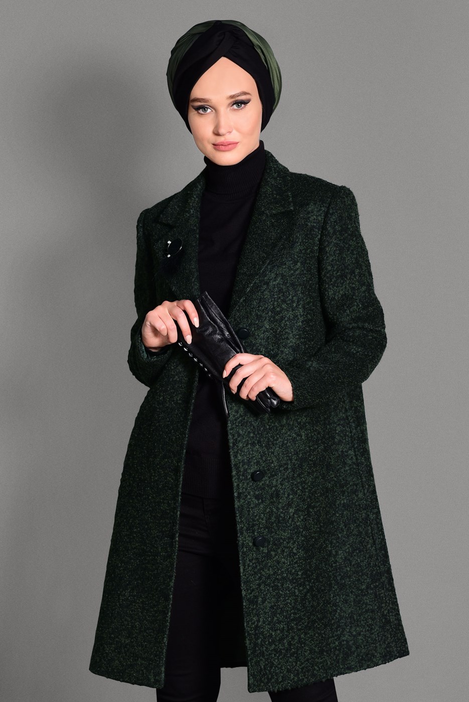 Tesettür giyim HAKİ DÜĞMELİ KEÇE KABAN 9757 