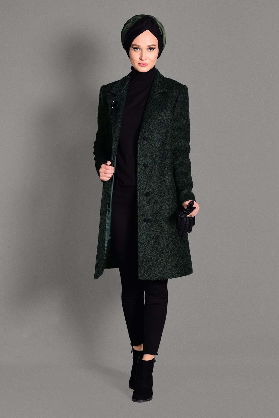 Tesettür giyim HAKİ DÜĞMELİ KEÇE KABAN 9757 