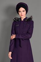 Hijab clothing PURPLE FAUX-FUR-TRIM HOODED COAT WITH POCKETS 9633 
