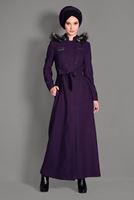 Hijab clothing PURPLE FAUX-FUR-TRIM HOODED COAT WITH POCKETS 9633 